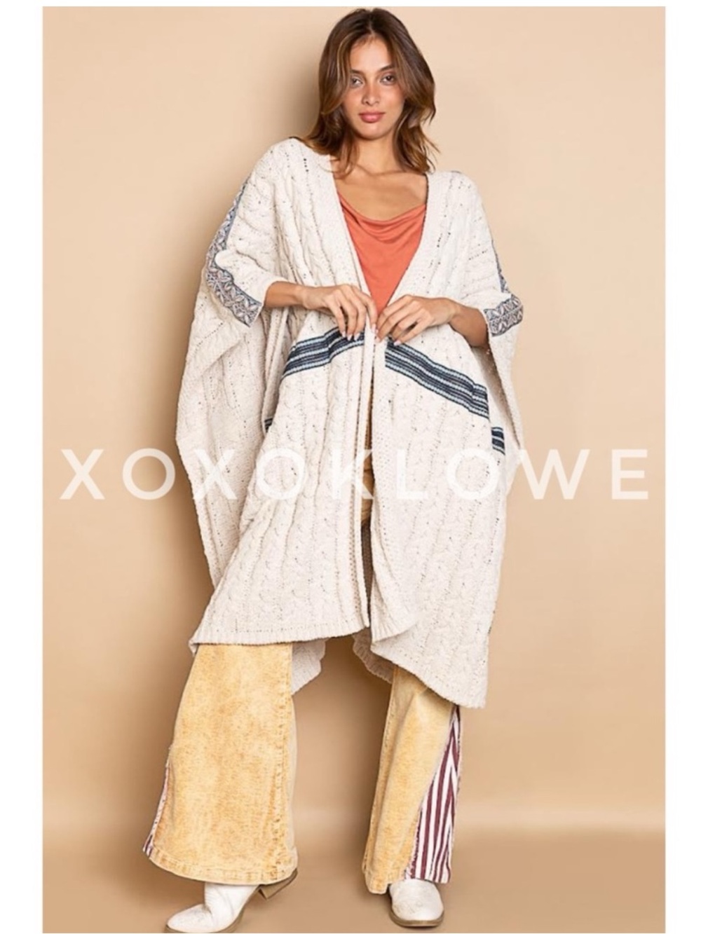 POL Clothing Cable Knit Poncho Cardigan Sweater Rose Brown Boho Pattern Medium
